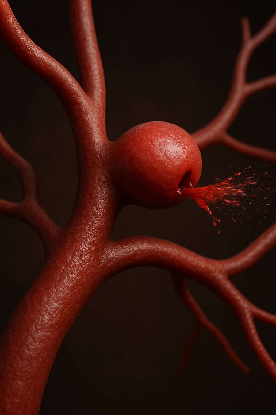 Ilustração de um aneurisma cerebral roto, com sangramento a partir da parede da artéria