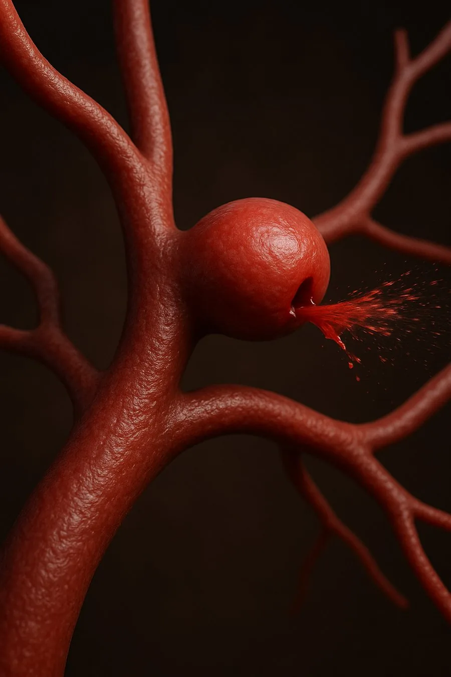 Ilustração de um aneurisma cerebral roto, com sangramento a partir da parede da artéria