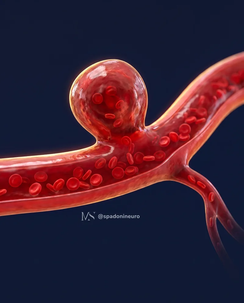 Ilustração realista de um aneurisma cerebral pequeno, uma bolsa na parede da artéria