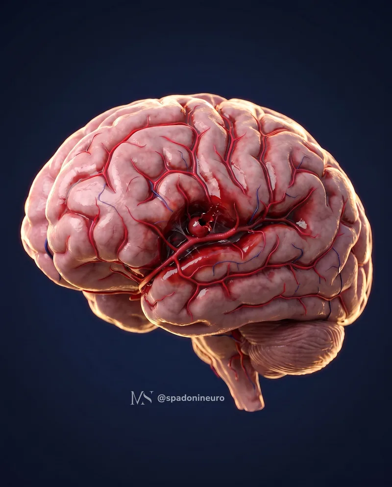 Ilustração realista de um aneurisma cerebral roto, com sangue se espalhando pela superfície do cérebro