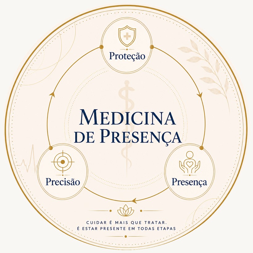 Emblema da Medicina de Presença: Proteção, Presença e Precisão — cuidar é mais que tratar, é estar presente em todas as etapas