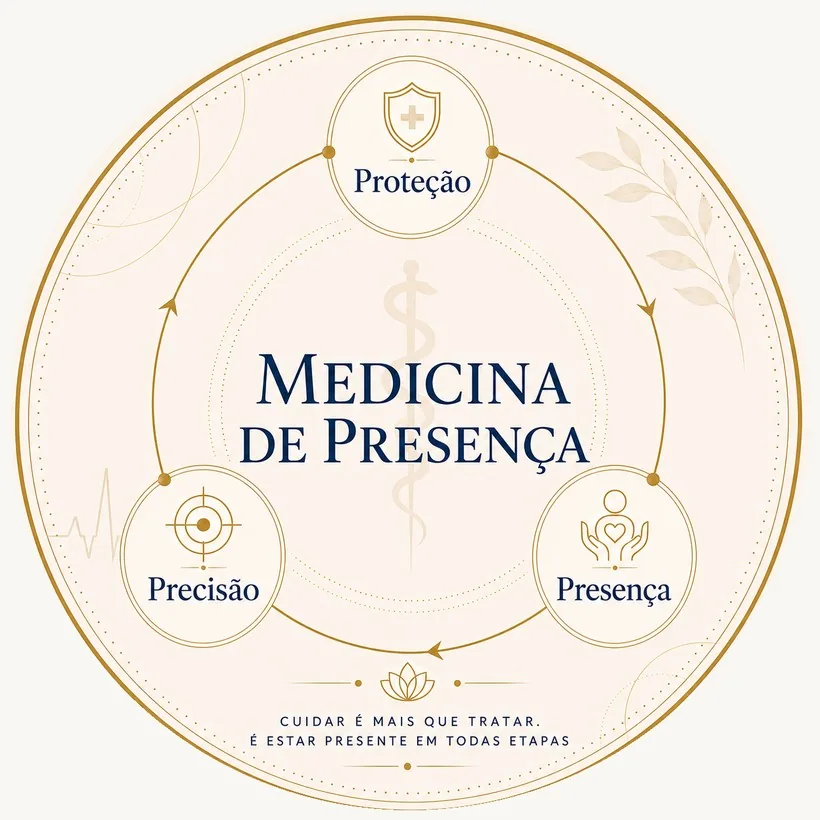 Emblema da Medicina de Presença: Proteção, Presença e Precisão — cuidar é mais que tratar, é estar presente em todas as etapas